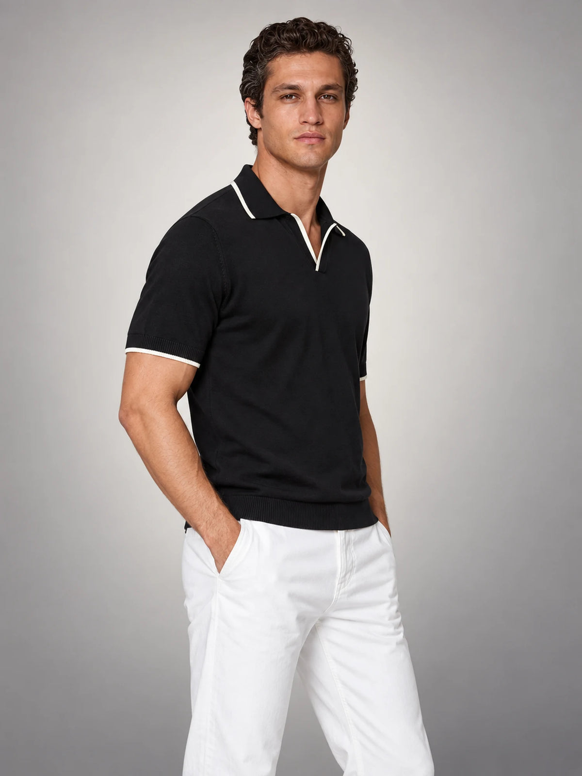 Volantero Men's Tipped Open Collar Knit Polo in Black, side view
