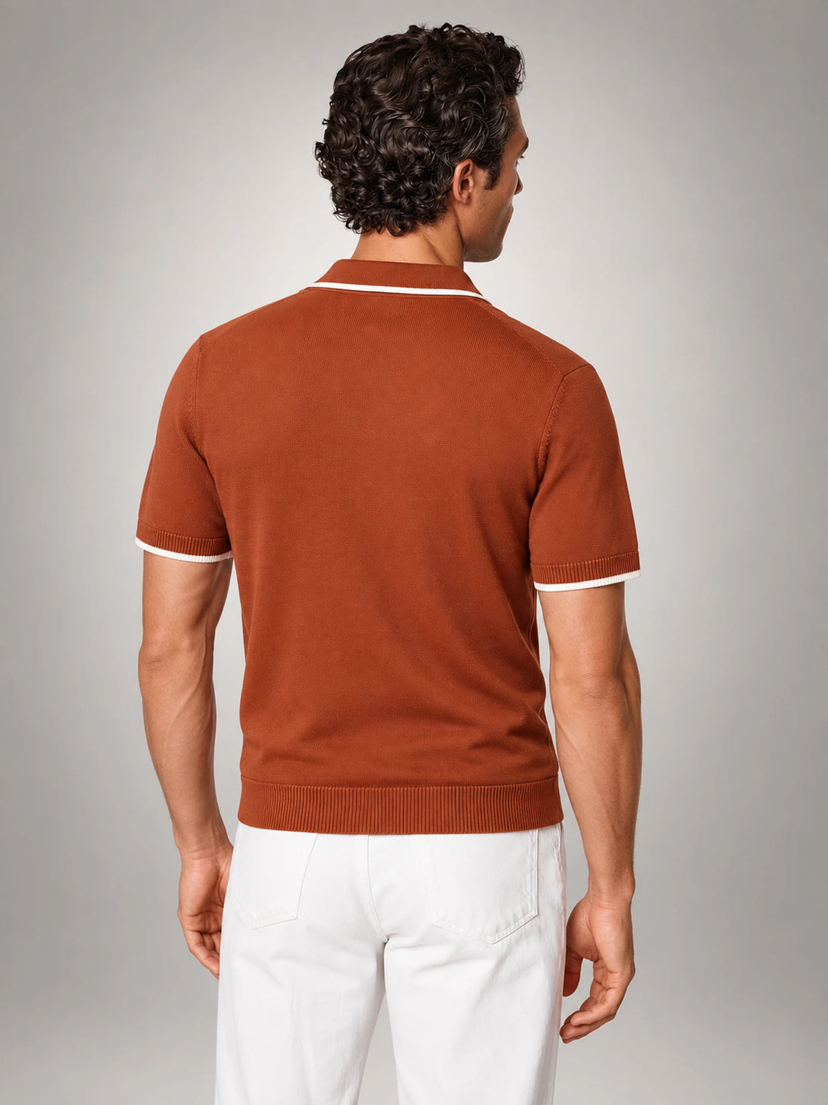 Volantero Men's Tipped Open Collar Knit Polo in Brown, back view