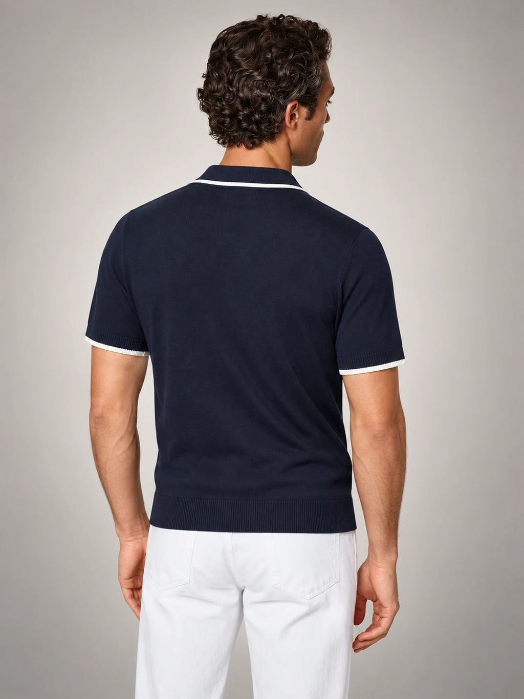 Volantero Men's Tipped Open Collar Knit Polo in White, back view