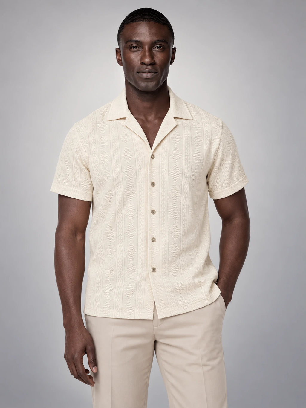 Volantero Men's Camp Collar Button Shirt in Beige, hover view