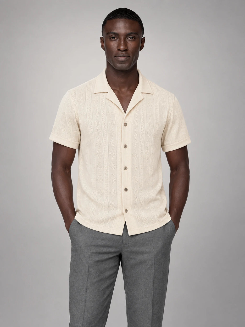 Volantero Men's Camp Collar Button Shirt in Beige, main view