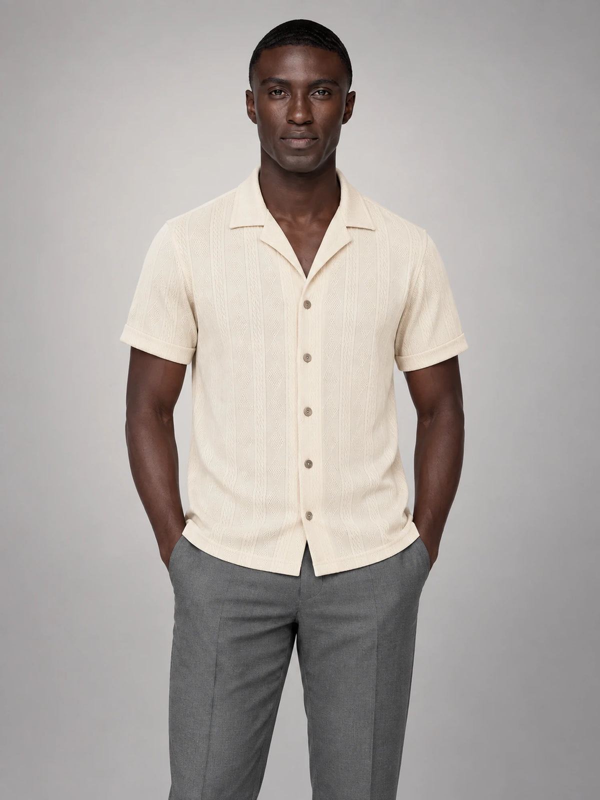 Volantero Men's Camp Collar Button Shirt in Beige, main view