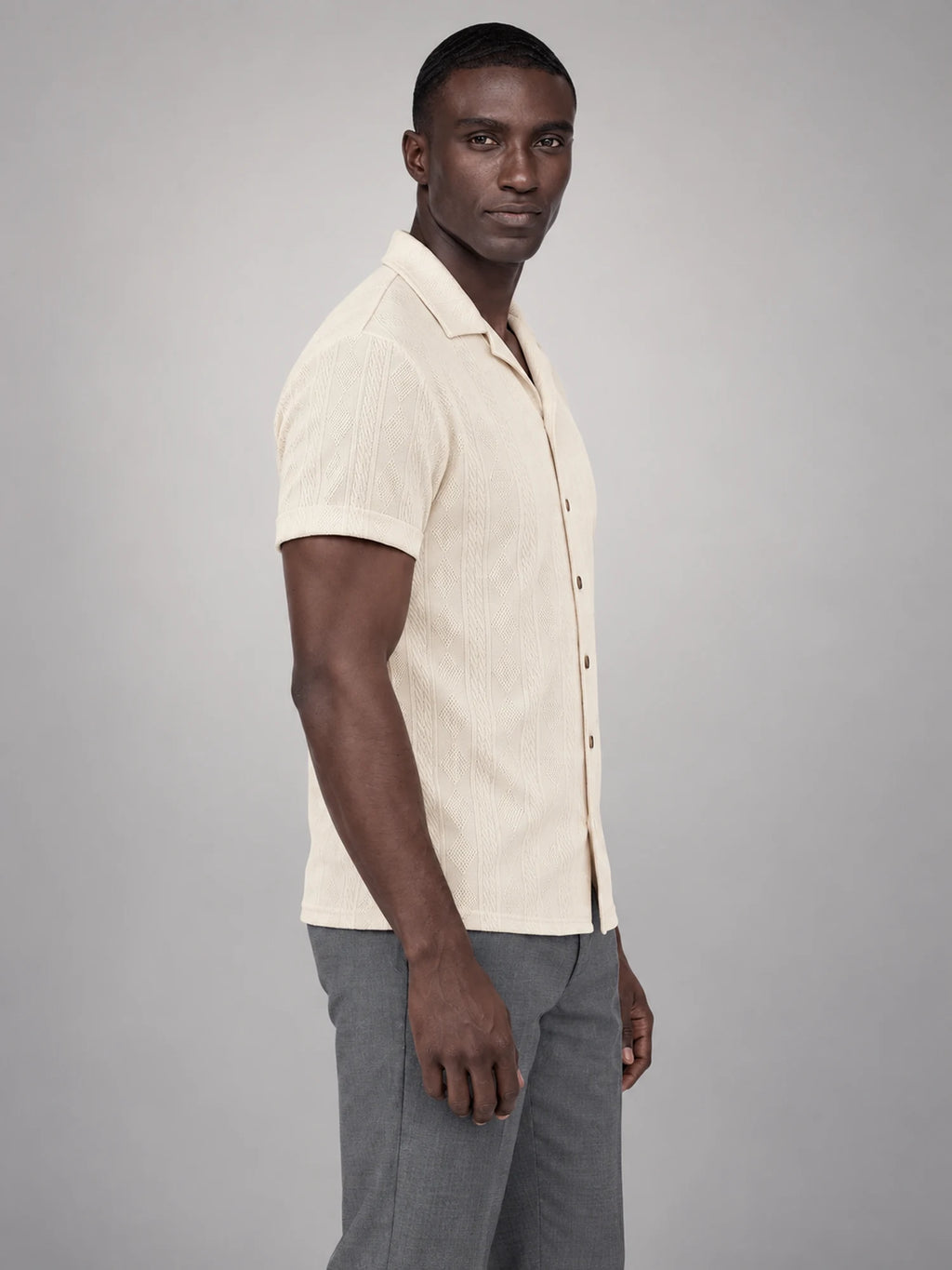 Volantero Men's Camp Collar Button Shirt in Beige, side view