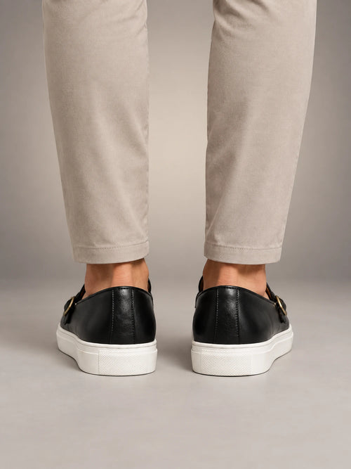 Volantero Men's Casual Leather Loafers in Black, back view