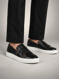 Volantero Men's Casual Leather Loafers in Black, front view