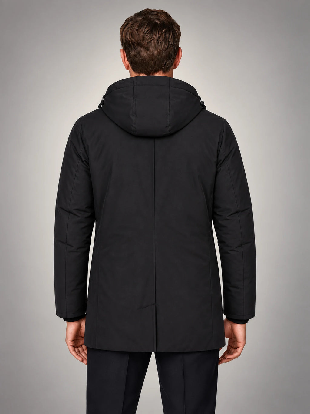 Volantero Men's Spring Puffer Jacket with Hood in Black, back view
