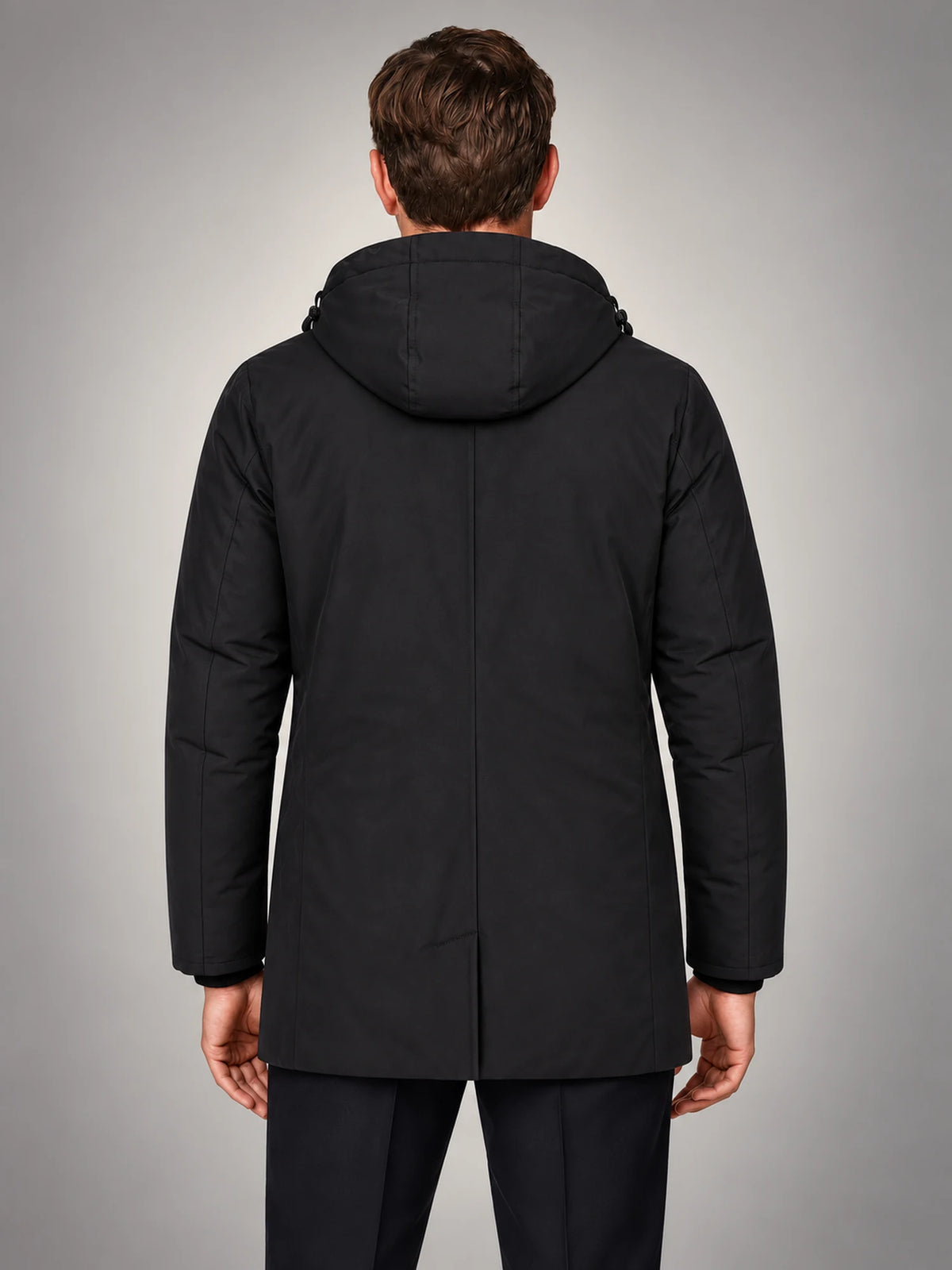 Volantero Men's Spring Puffer Jacket with Hood in Black, back view