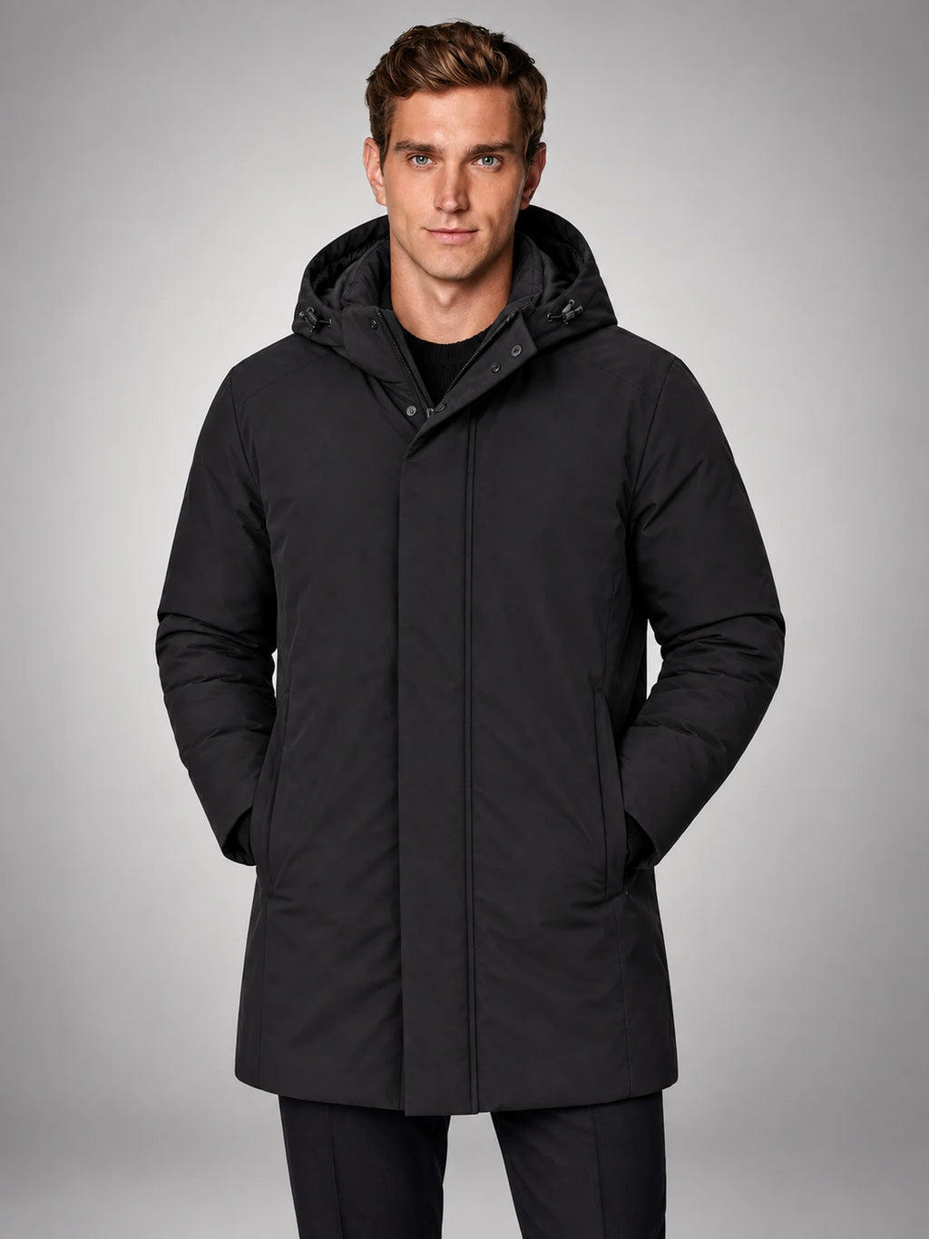 Volantero Men's Spring Puffer Jacket with Hood in Black, hover view