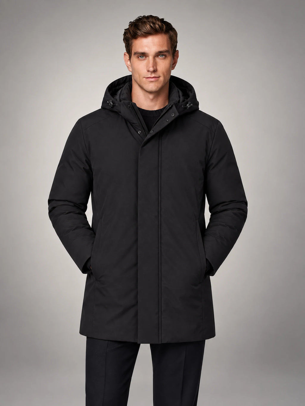 Volantero Men's Spring Puffer Jacket with Hood in Black, main view