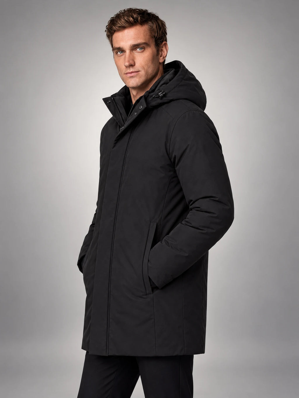 Volantero Men's Spring Puffer Jacket with Hood in Black, side view