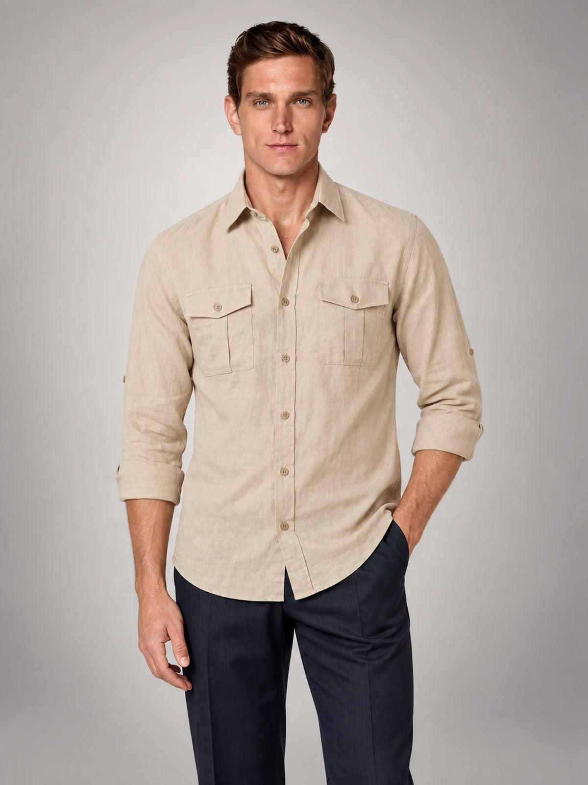 Volantero Men's Button Up Summer Shirt in Beige, main view