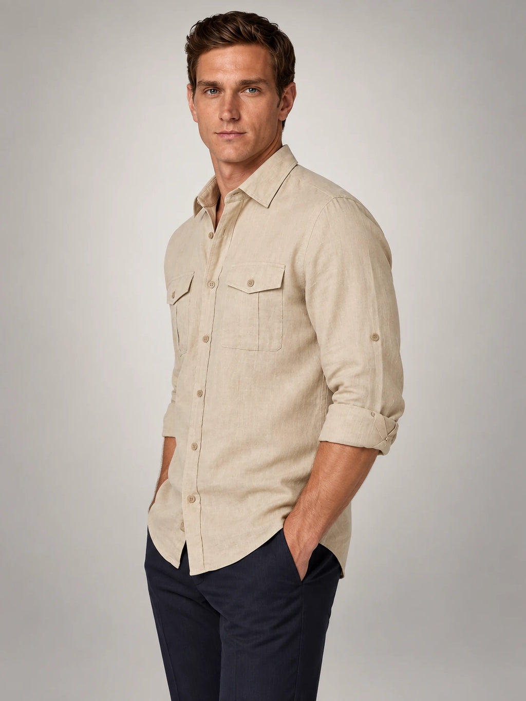 Volantero Men's Button Up Summer Shirt in Beige, side view