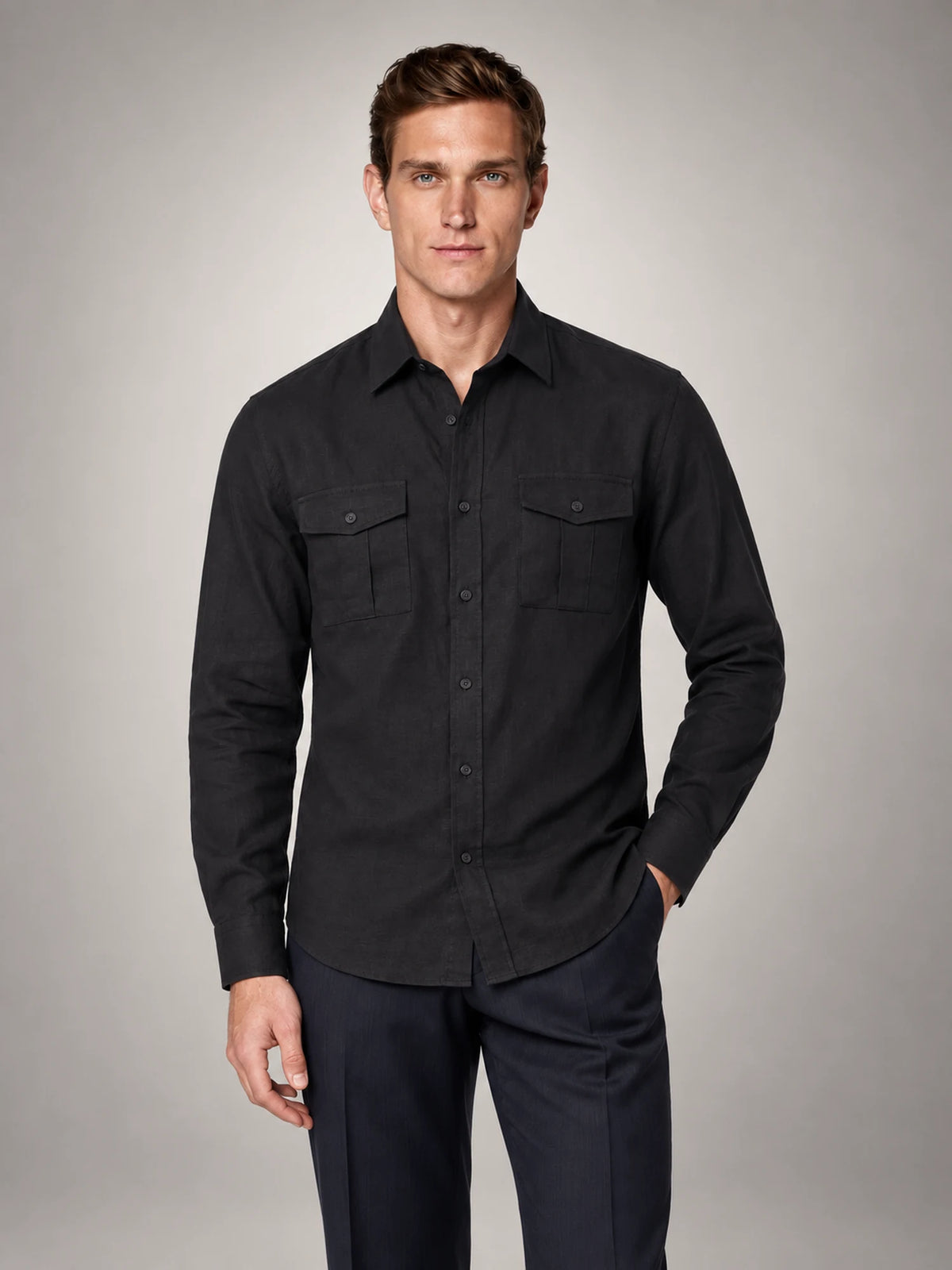 Volantero Men's Button Up Summer Shirt in Black, front view
