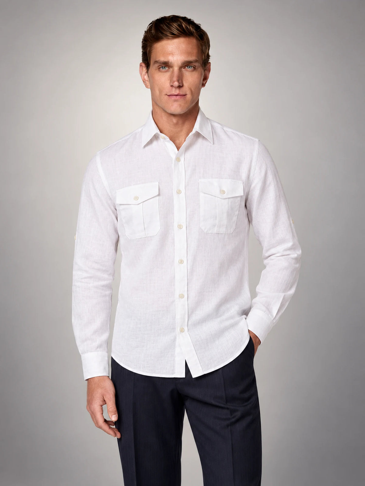 Volantero Men's Button Up Summer Shirt in White, front view