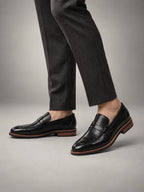 Volantero Men's Classic Leather Penny Loafers in Black, hover view