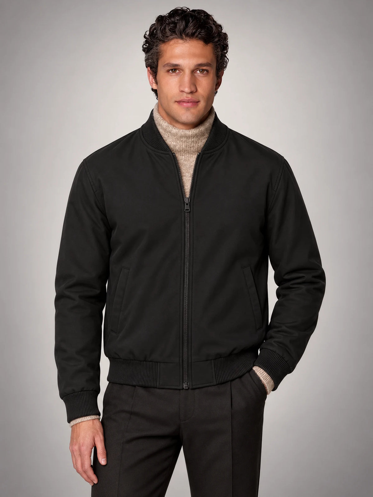Volantero Men's Classic Bomber Jacket in Black, hover view