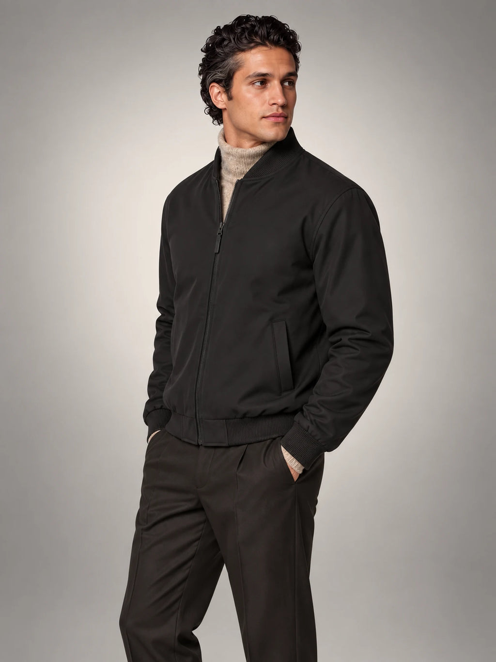 Volantero Men's Classic Bomber Jacket in Black, side view