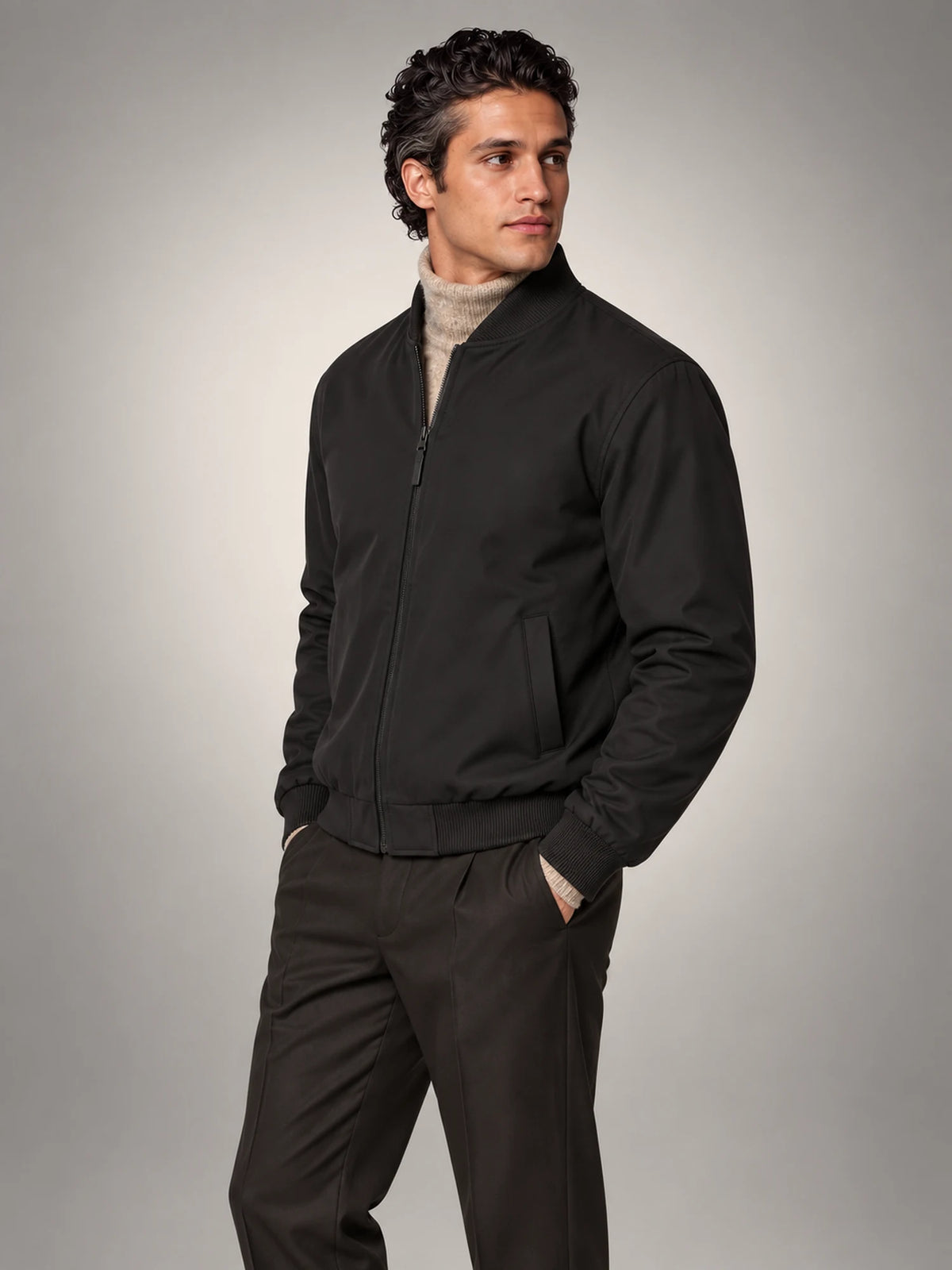 Volantero Men's Classic Bomber Jacket in Black, side view