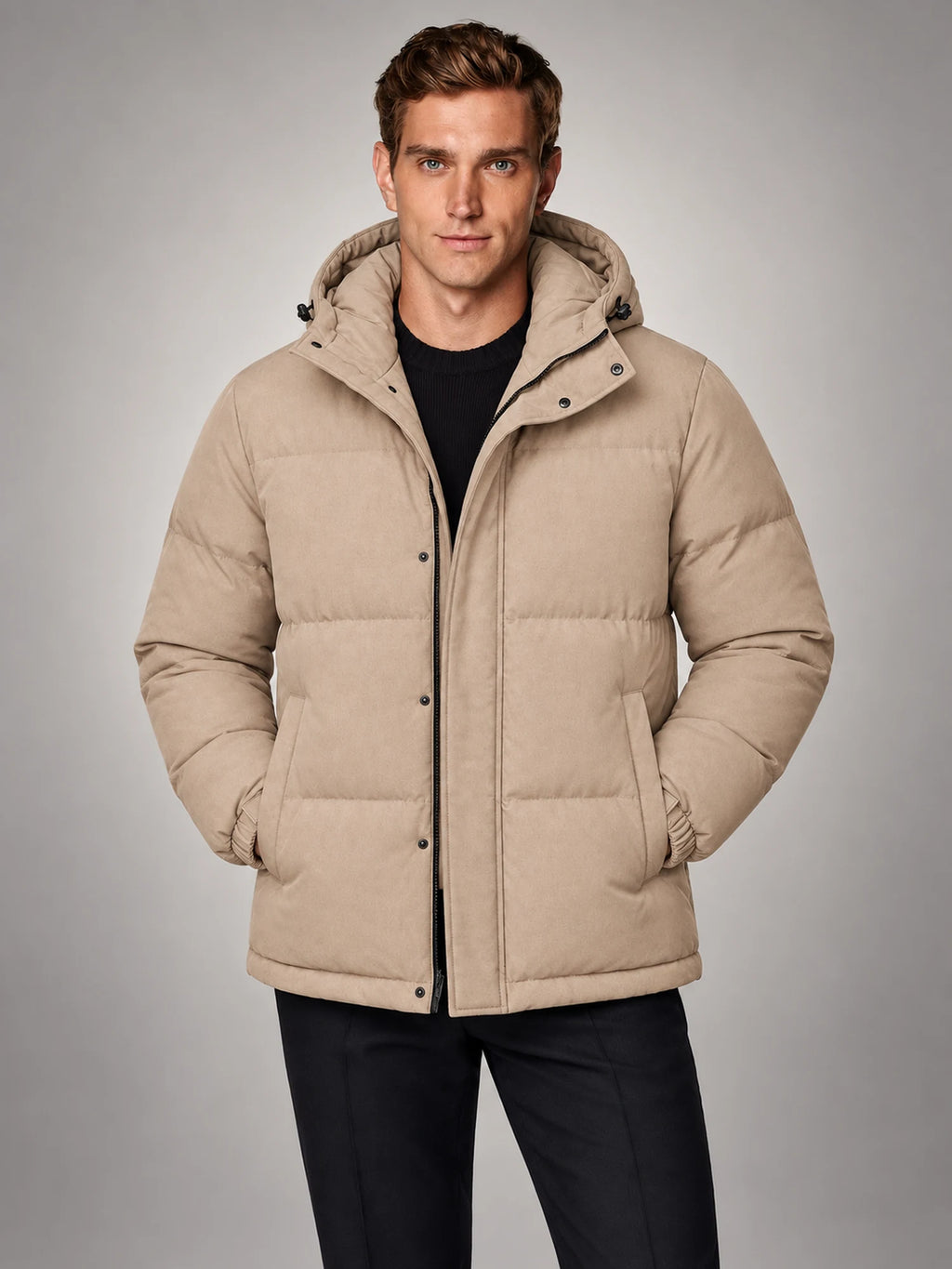 Volantero Men's Beige Hooded Puffer Jacket in Beige, hover view