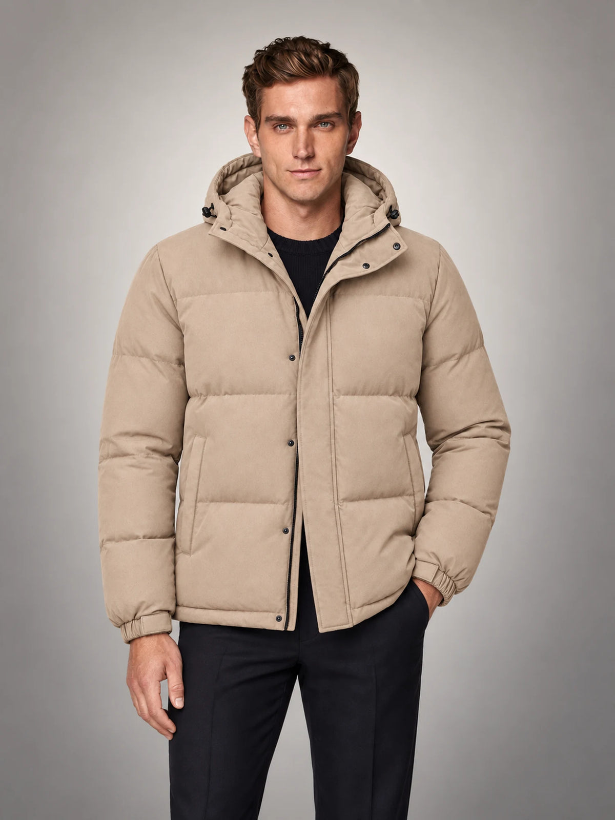 Volantero Men's Beige Hooded Puffer Jacket in Beige, main view