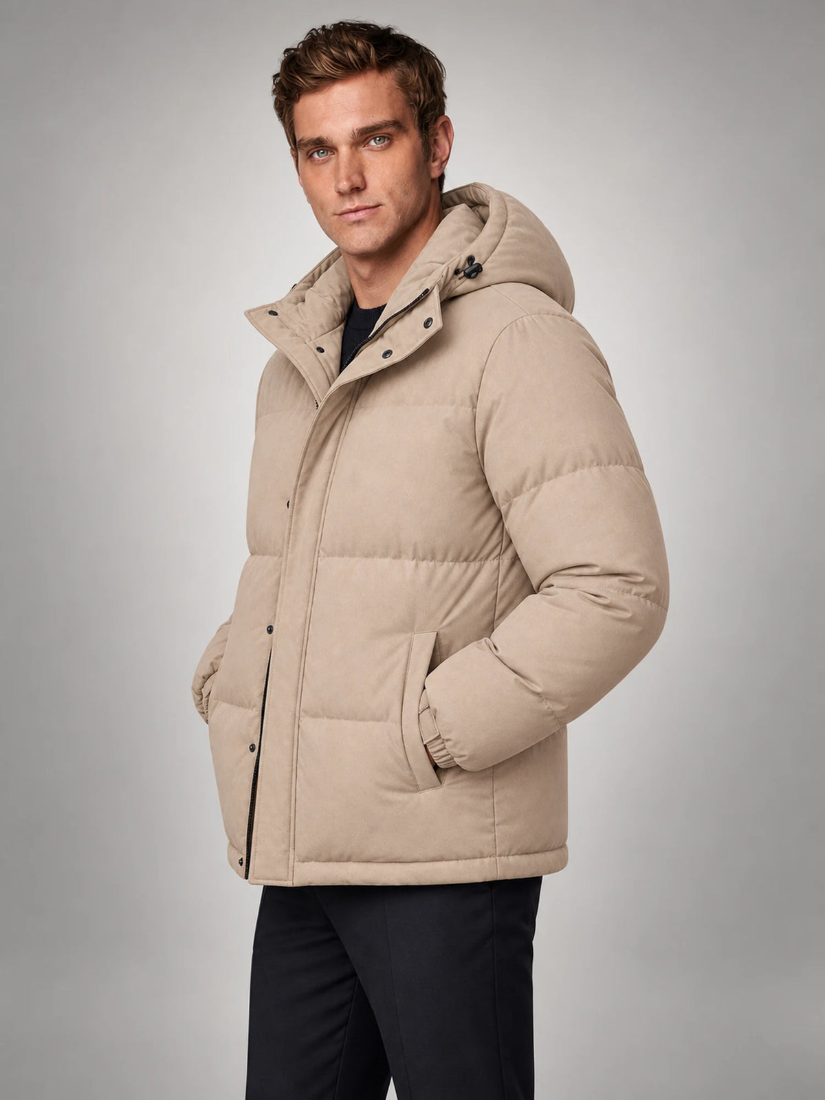 Volantero Men's Beige Hooded Puffer Jacket in Beige, side view