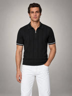Volantero Men's Vertical Stripe Zip-Neck Polo in Black, front view