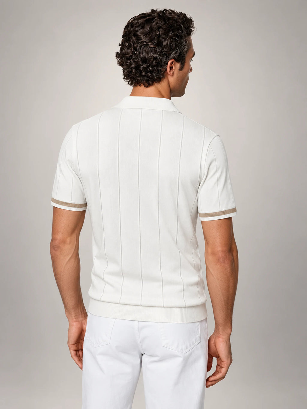 Volantero Men's Vertical Stripe Zip-Neck Polo in White, back view