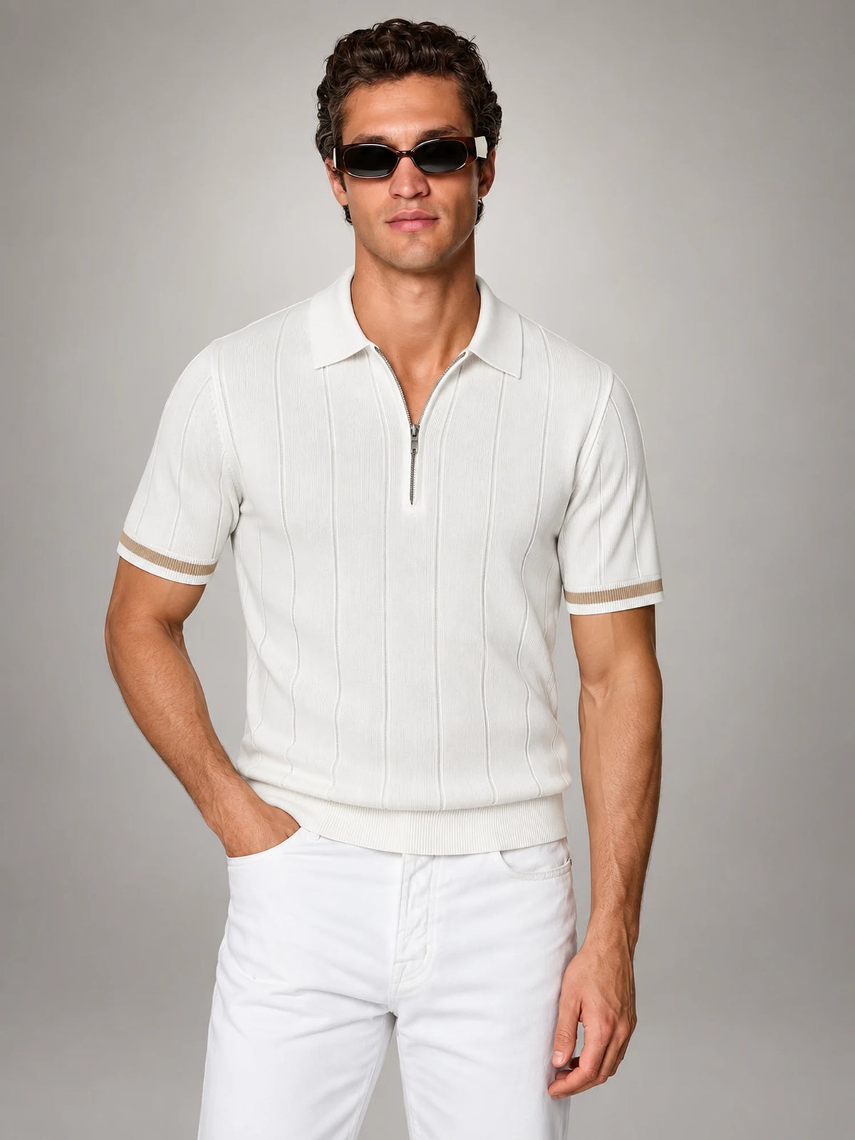 Volantero Men's Vertical Stripe Zip-Neck Polo in White, hover view