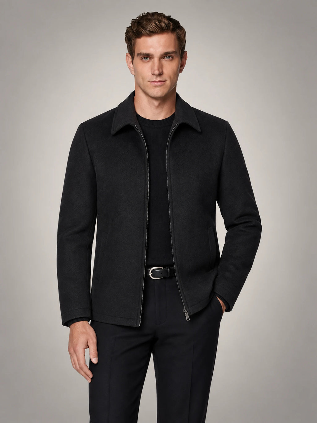 Volantero Men's Wool-Blend Jacket in Black, front view