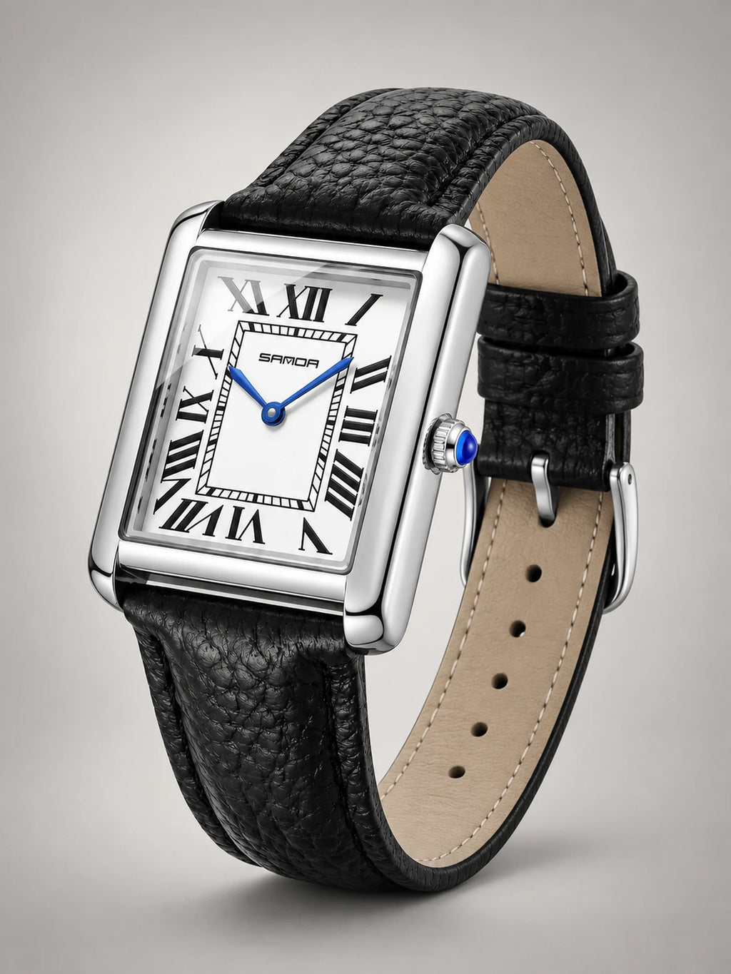 Volantero Men's Rectangular-Dial Leather-Strap Watch in White/Black, side view