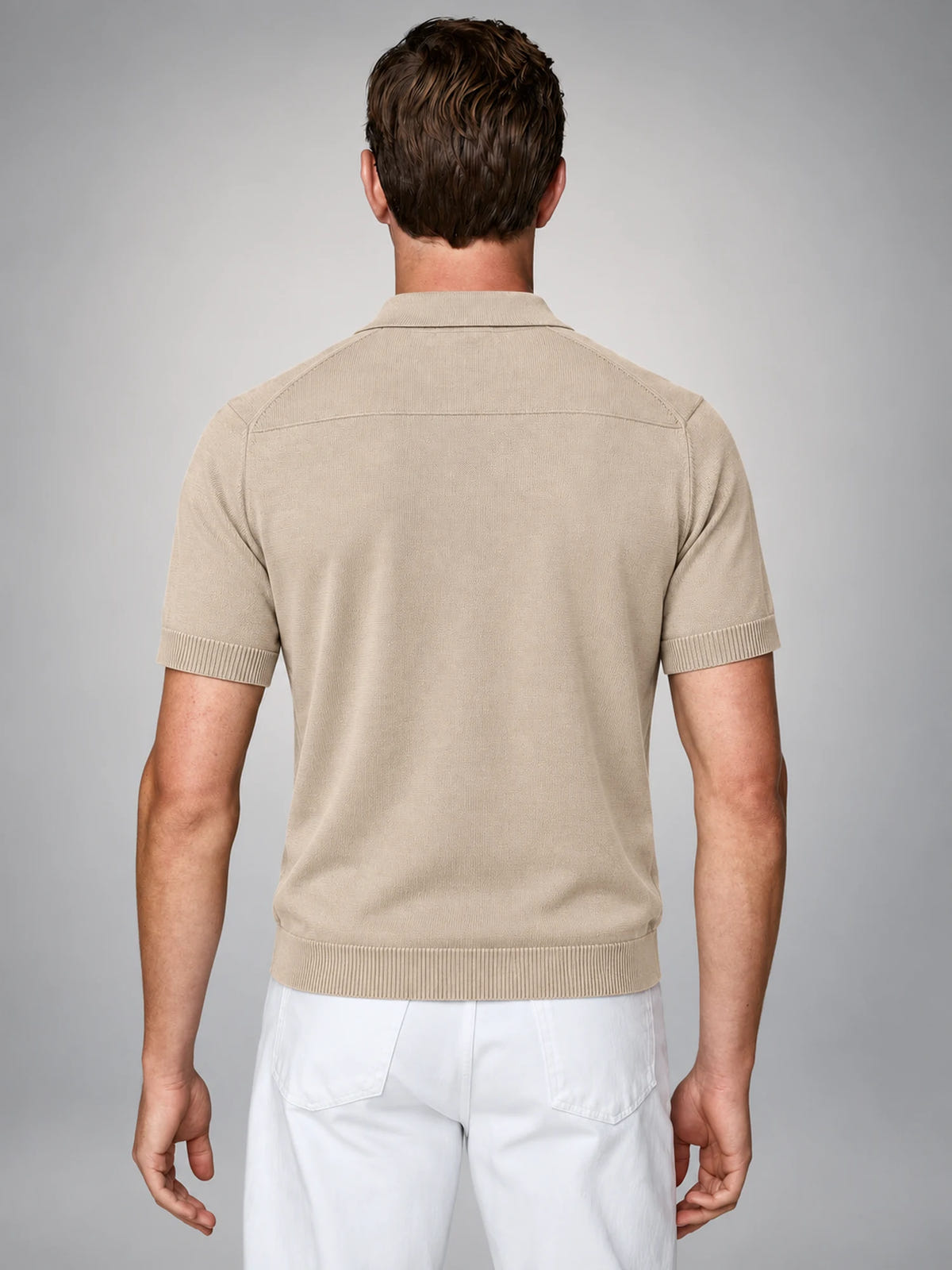 Volantero Men's Fine Knit Open Collar Polo in Beige, back view
