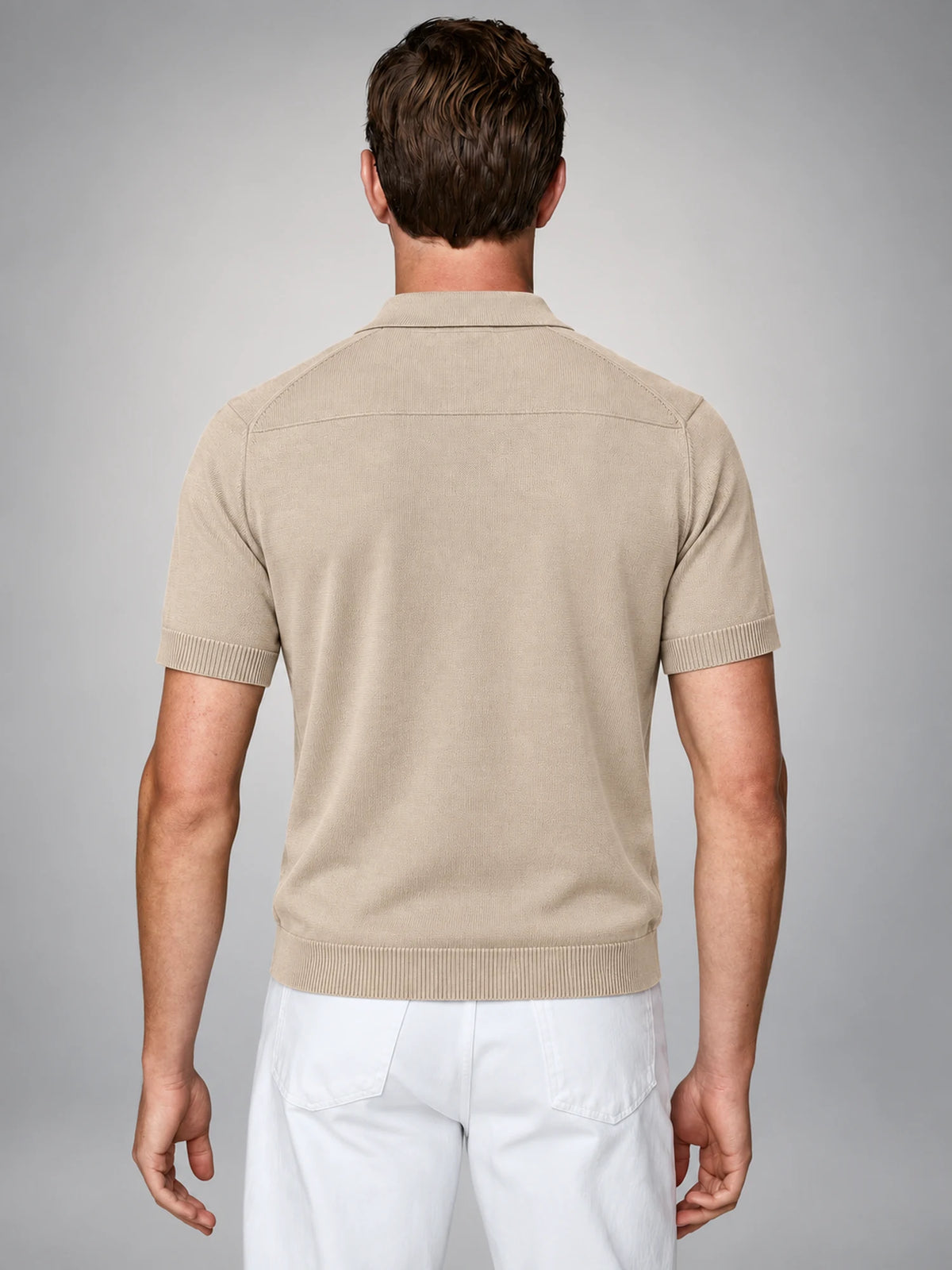 Volantero Men's Fine Knit Open Collar Polo in Beige, back view