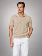 Volantero Men's Fine Knit Open Collar Polo in Beige, front view