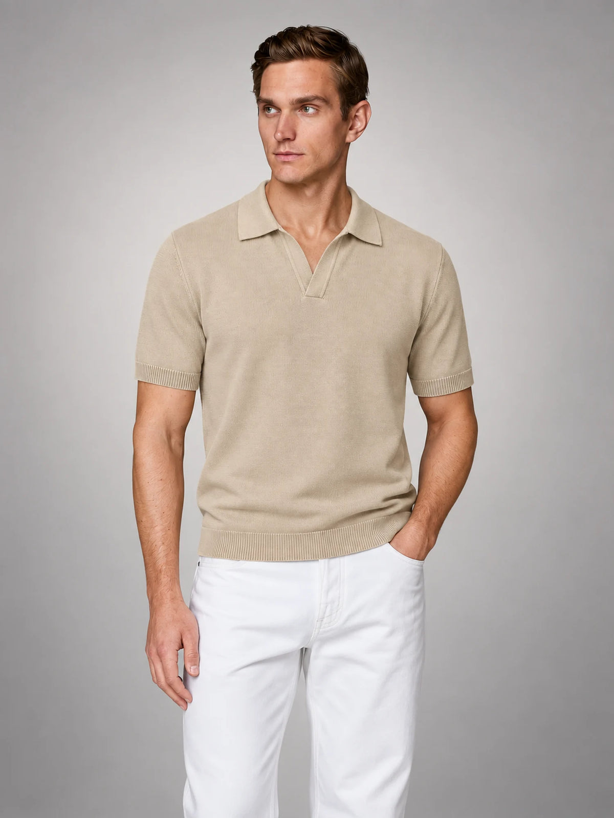 Volantero Men's Fine Knit Open Collar Polo in Beige, front view