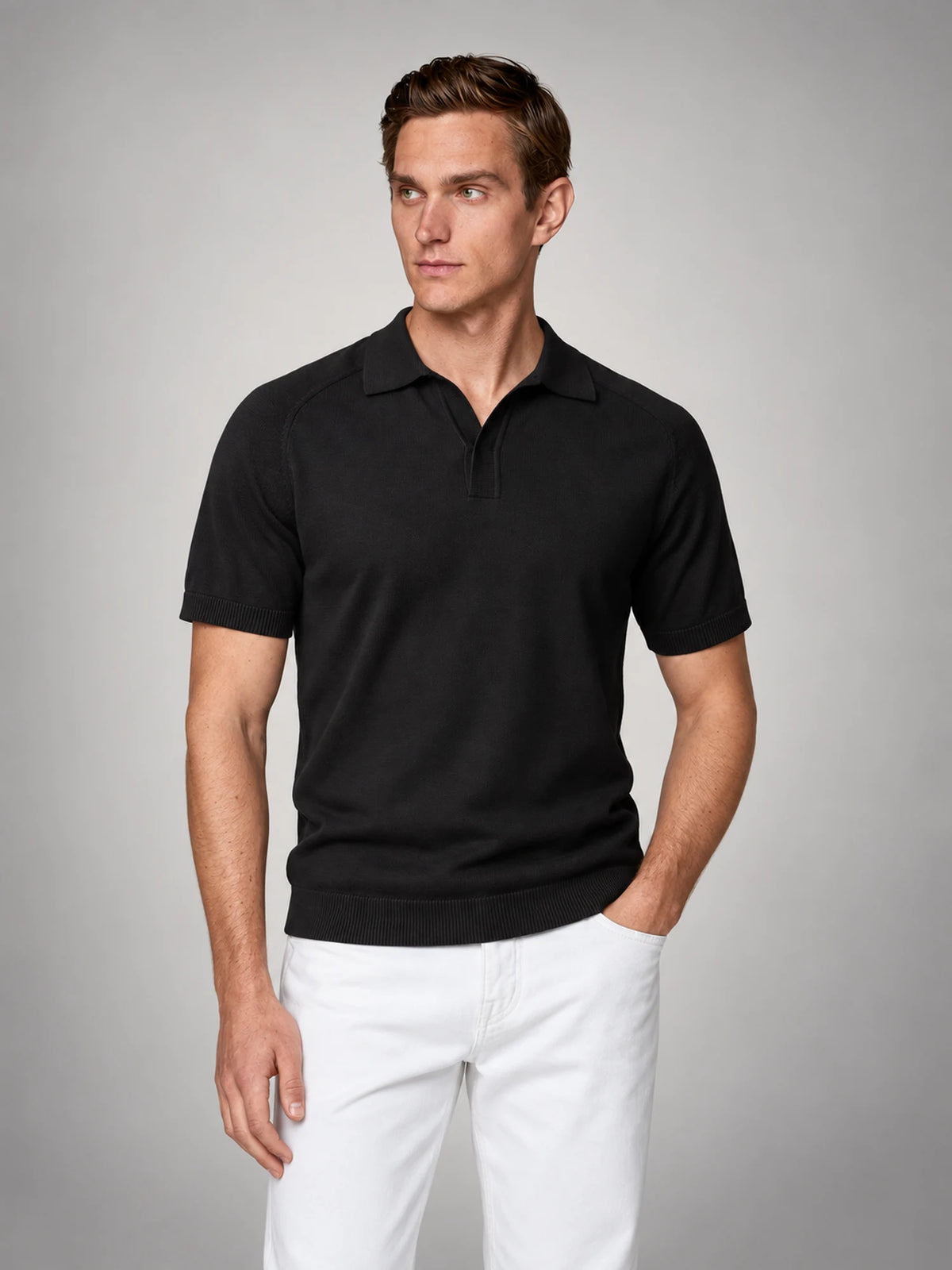 Volantero Men's Fine Knit Open Collar Polo in Black, main view