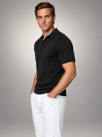 Volantero Men's Fine Knit Open Collar Polo in Black, side view