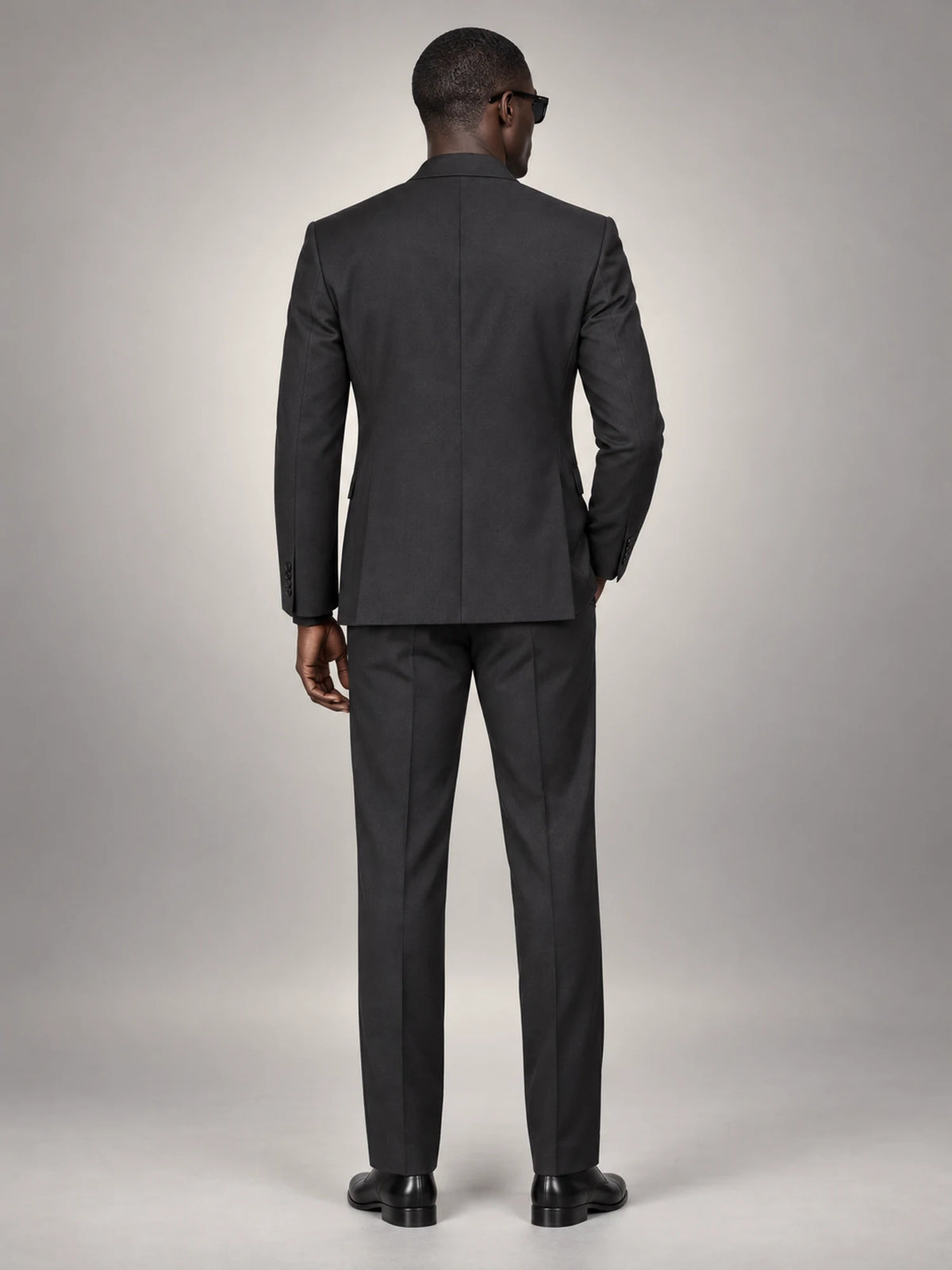 Volantero Men's Formal Three-Piece Wedding Guest Suit in Dark Grey, back view