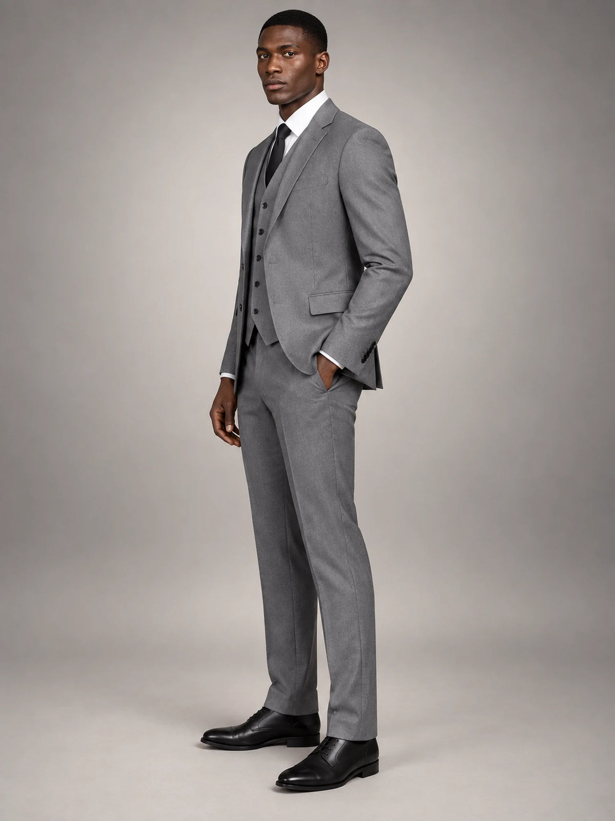 Volantero Men's Formal Three-Piece Wedding Guest Suit in Grey, side view