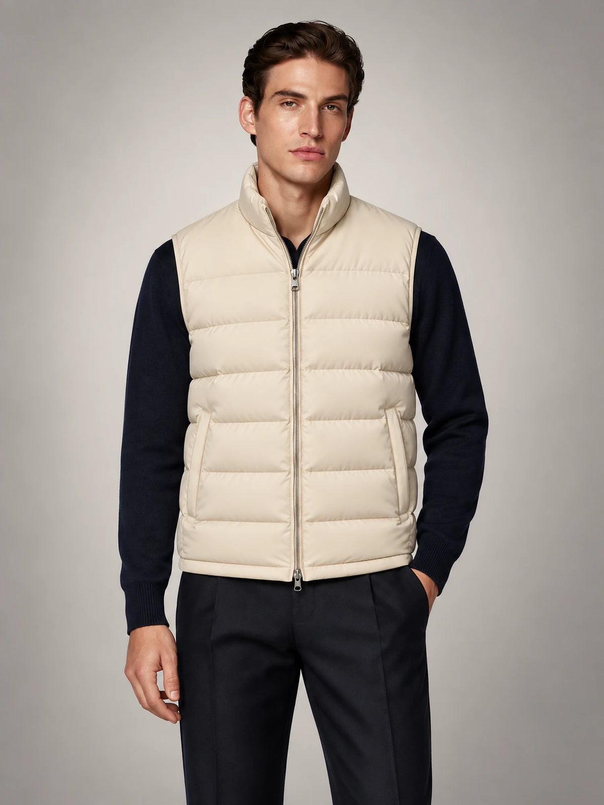 Volantero Men's Lightweight Sleeveless Gilet in Beige, front view
