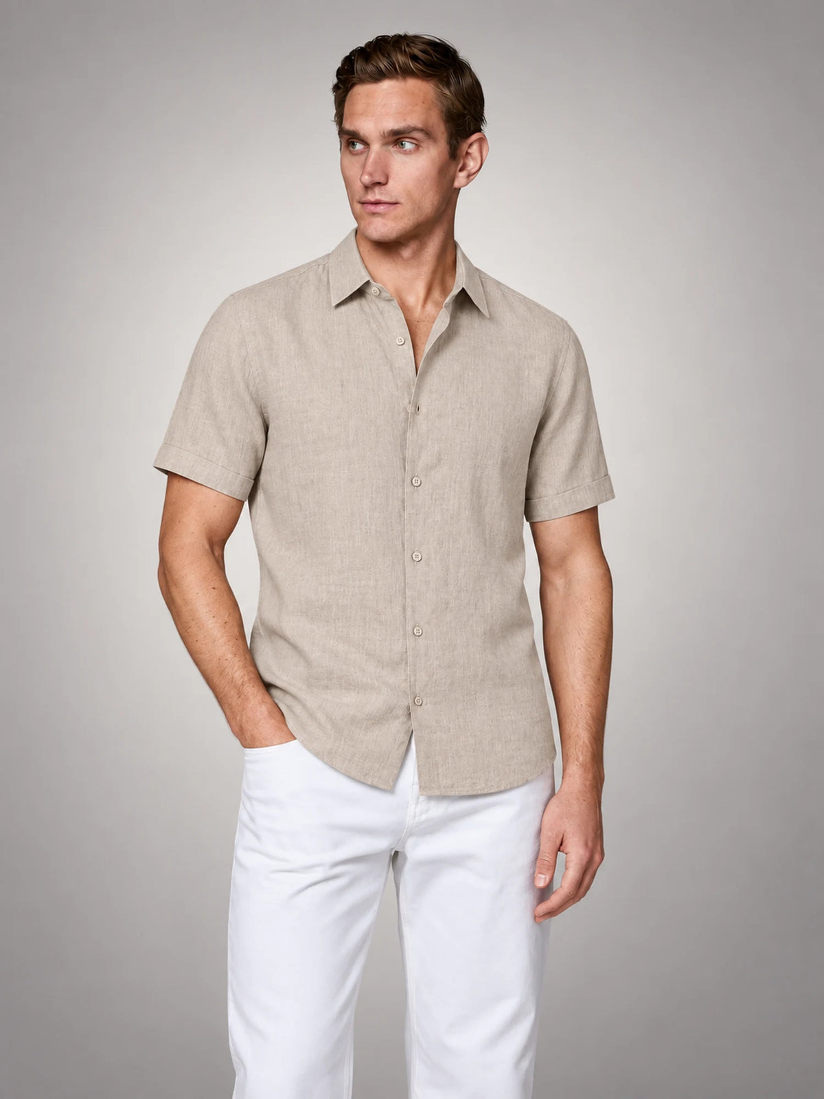Volantero Men's Linen Short-Sleeve Shirt in Beige, front view
