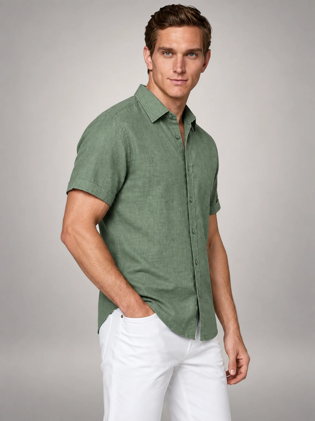 Volantero Men's Linen Short-Sleeve Shirt in Green, side view