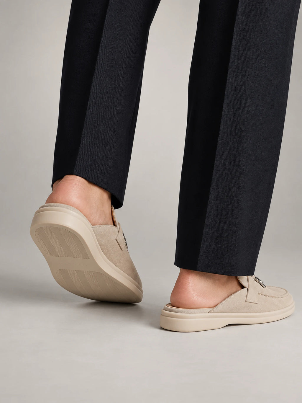 Volantero Men's Suede Metal Buckle Loafer Mules in Beige, side view