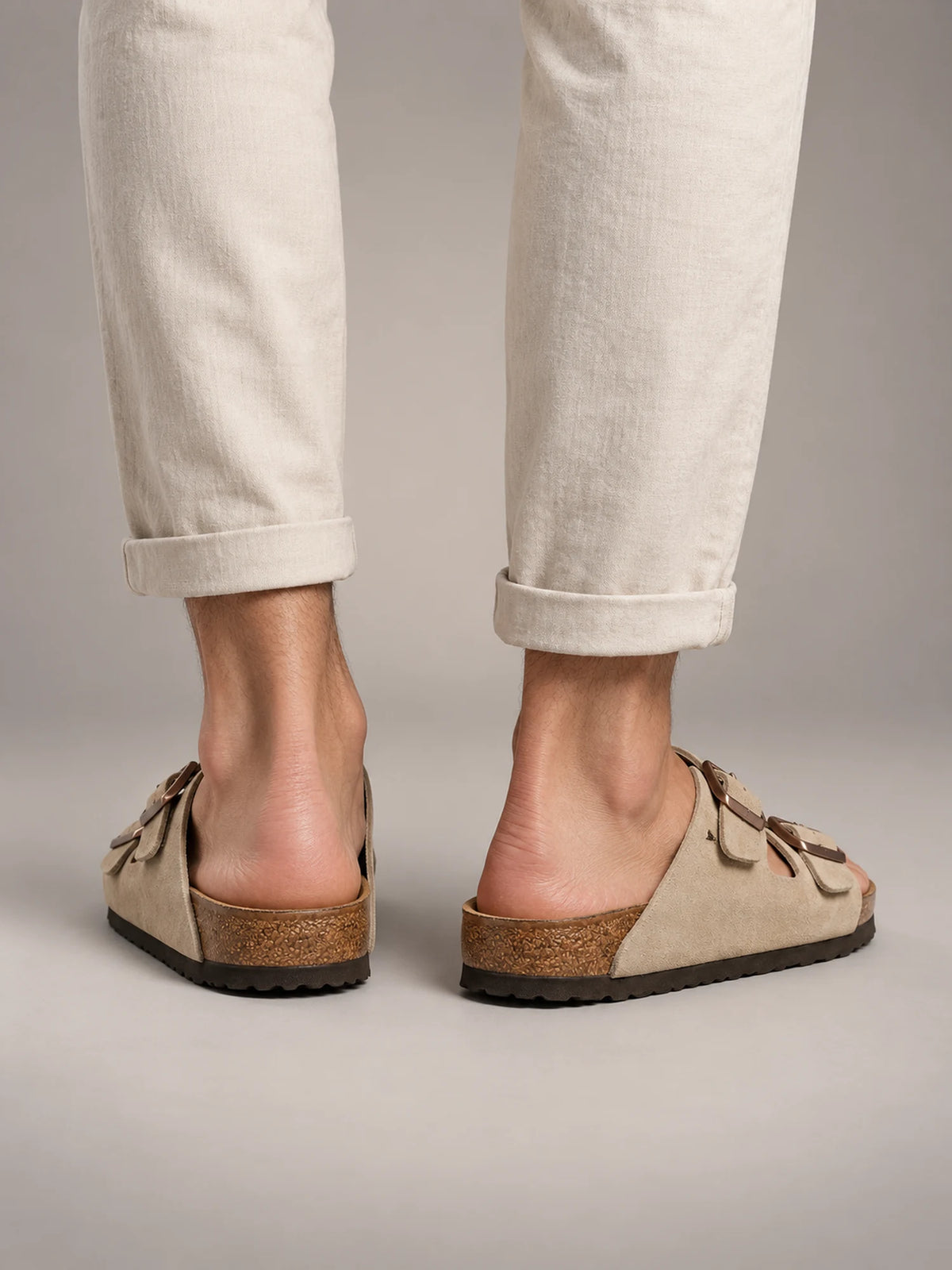Volantero Men's Double-Buckle Sandals in Beige, back view