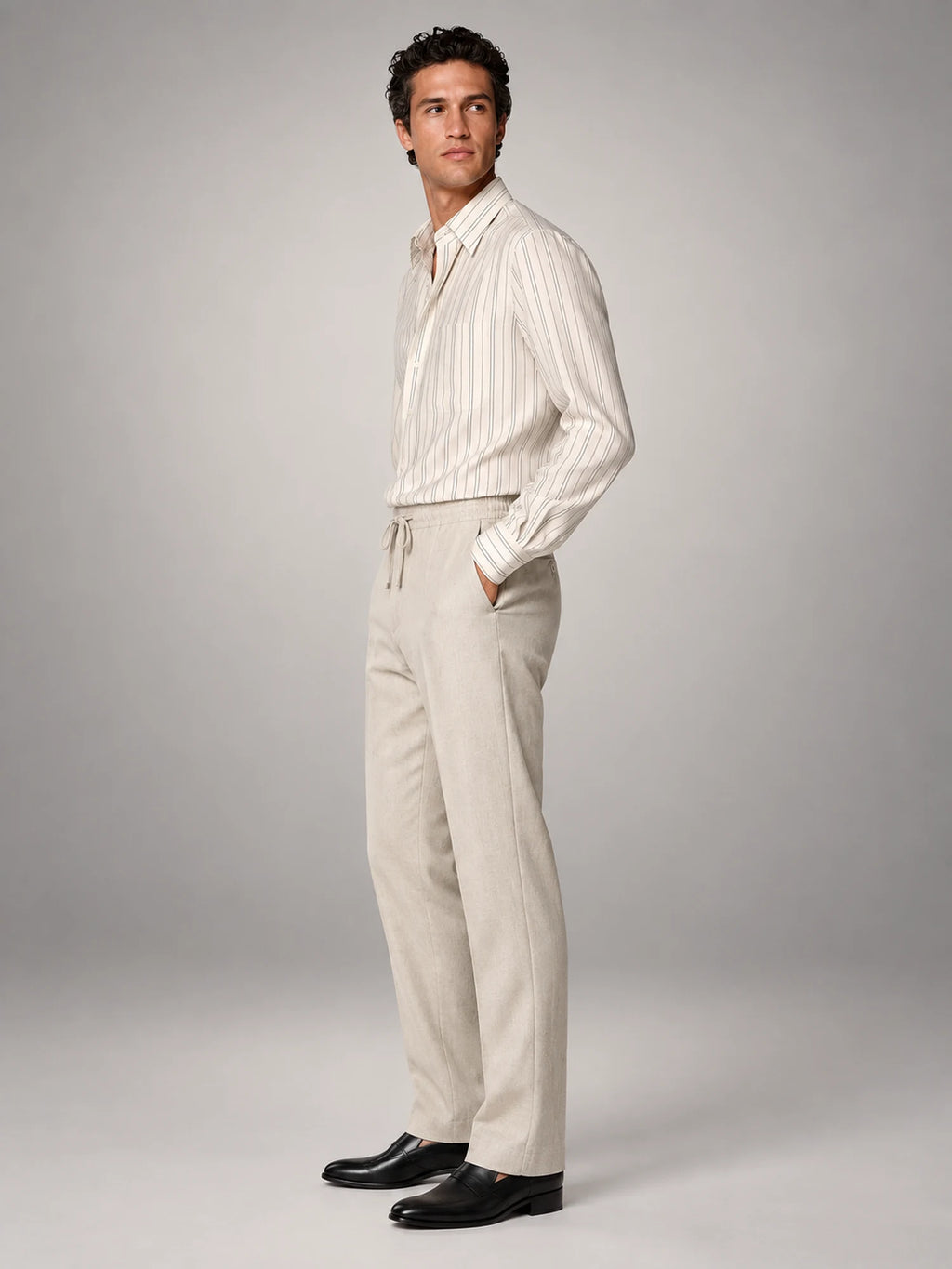 Volantero Men's Linen Slim-Fit Trousers in Beige, side view
