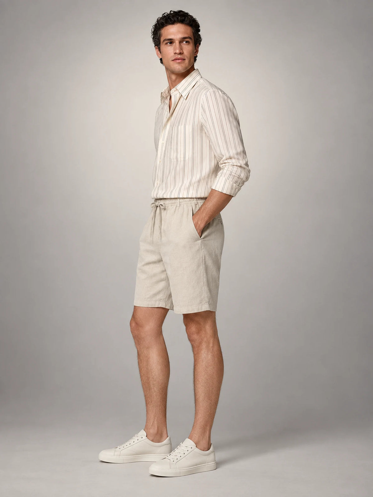 Volantero Men's Linen Summer Shorts in Beige, side view