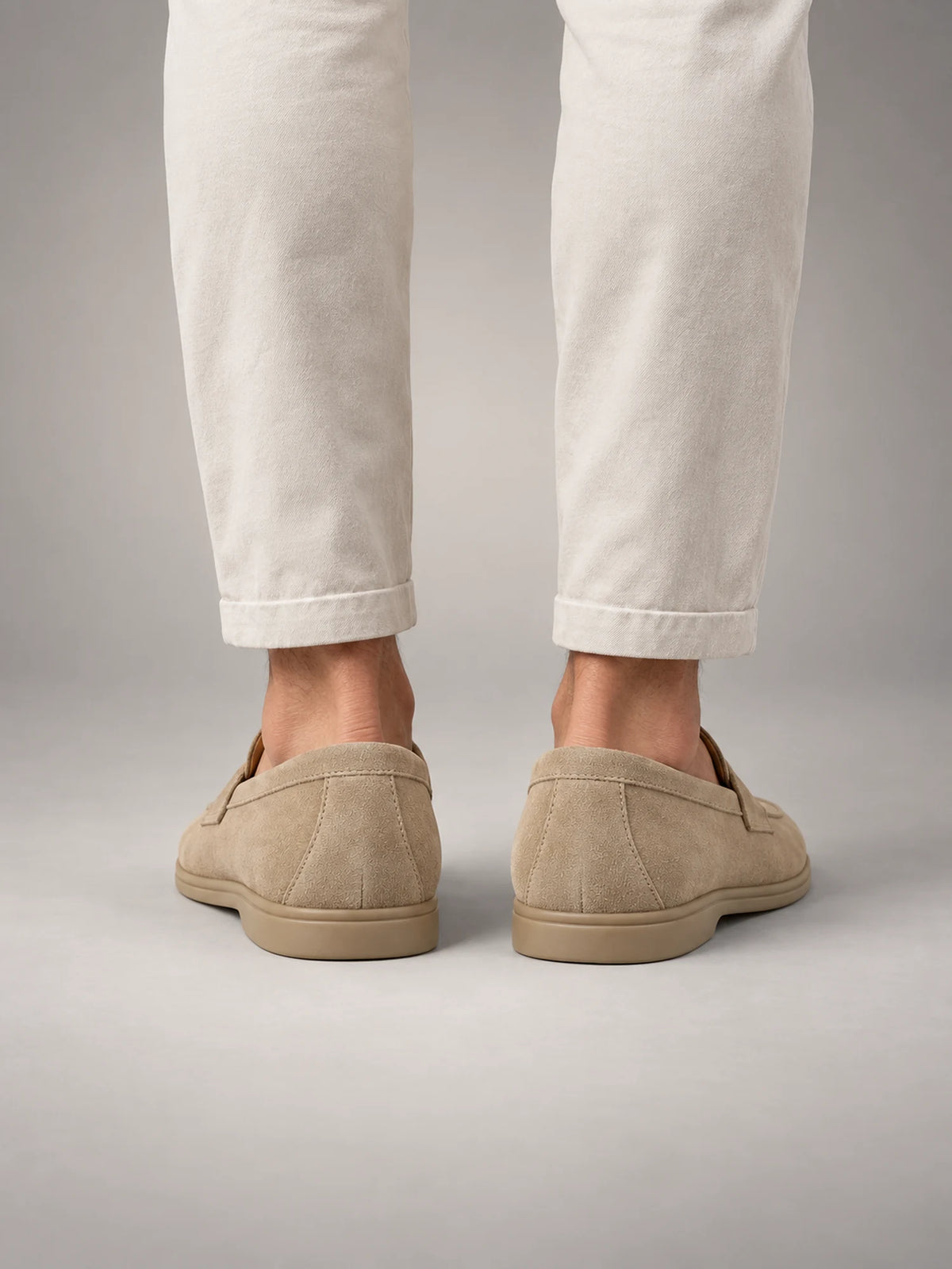Volantero Men's Elegant Suede Penny Loafers in Beige, back view