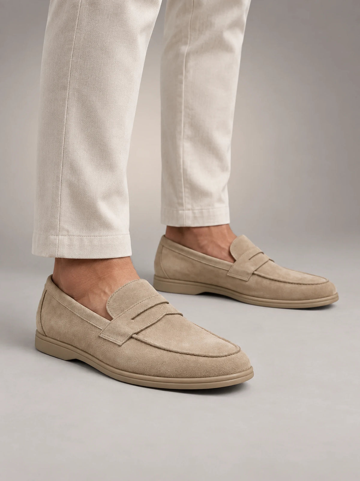 Volantero Men's Elegant Suede Penny Loafers in Beige, hover view
