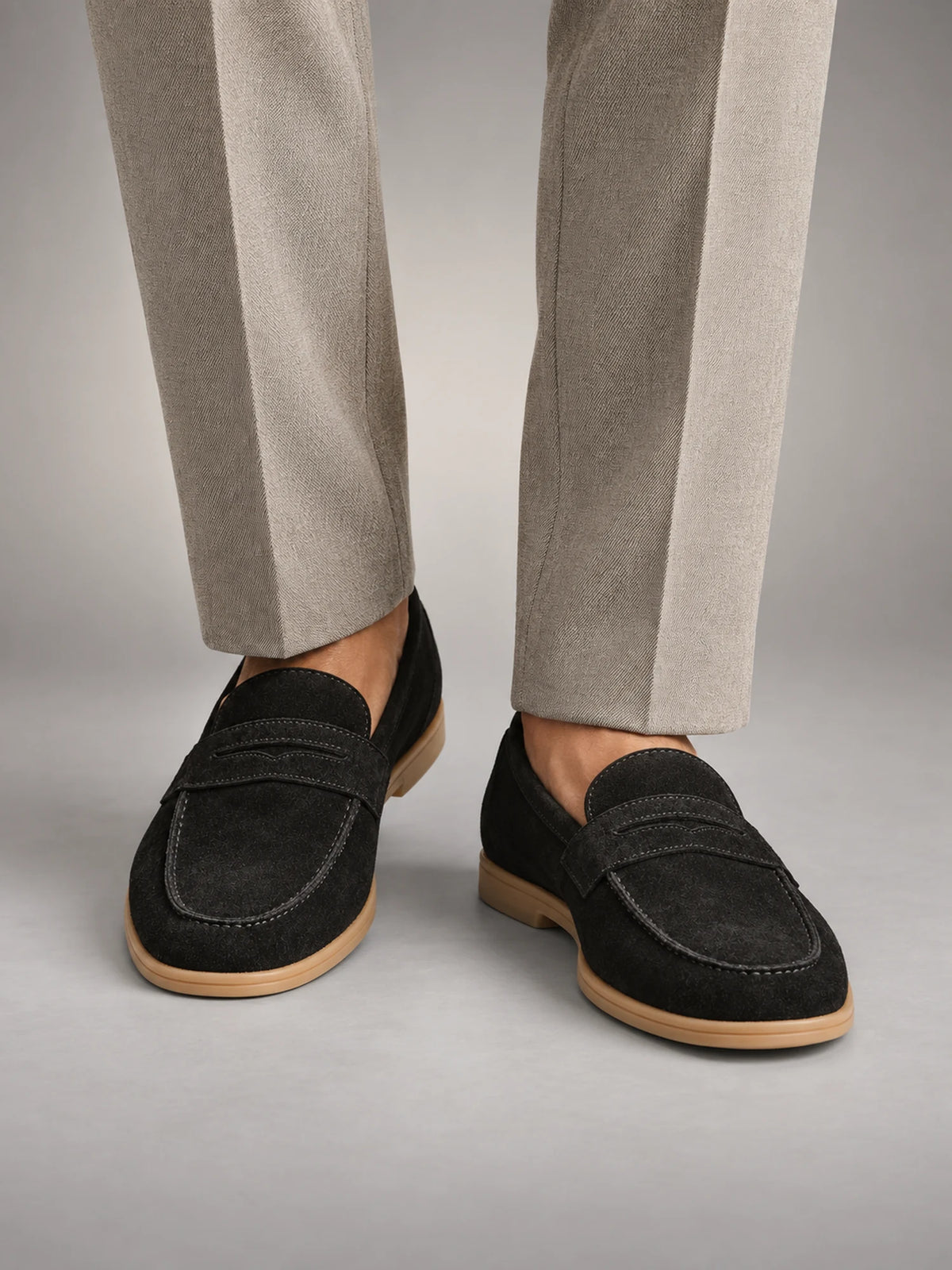 Volantero Men's Elegant Suede Penny Loafers in Black, front view