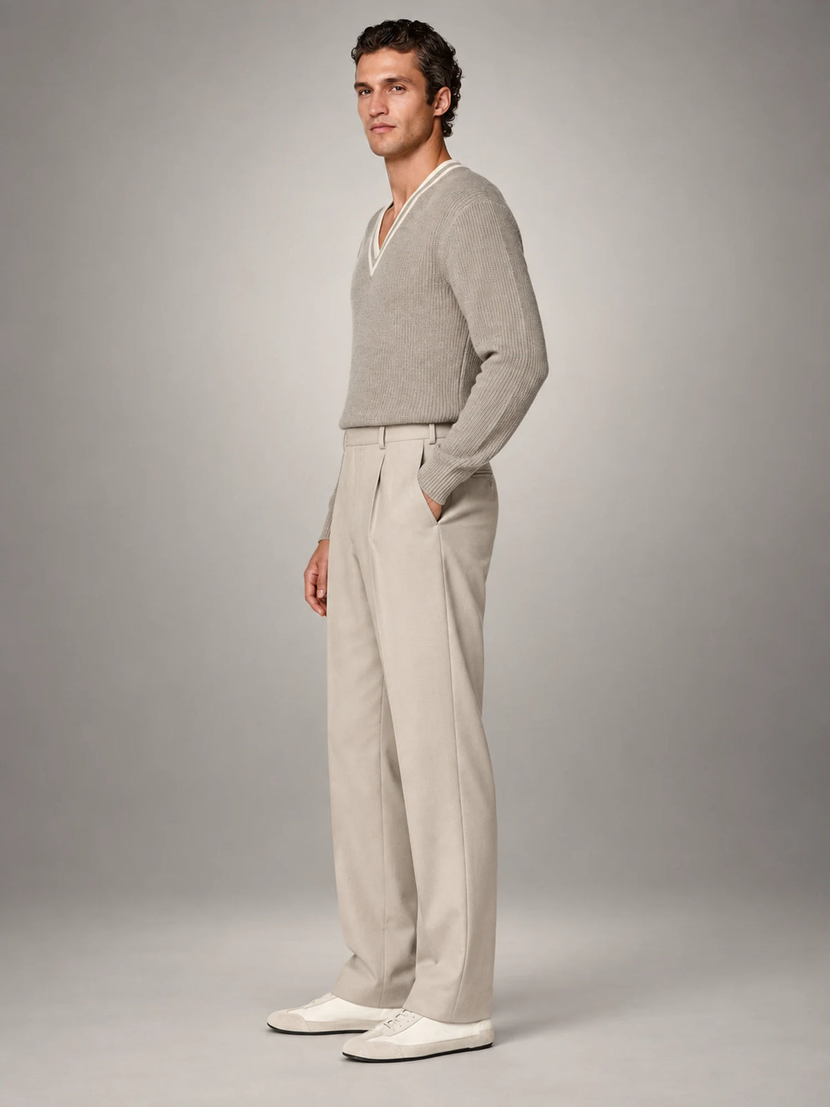 Volantero Men's Tailored-Fit Trousers in Beige, side view