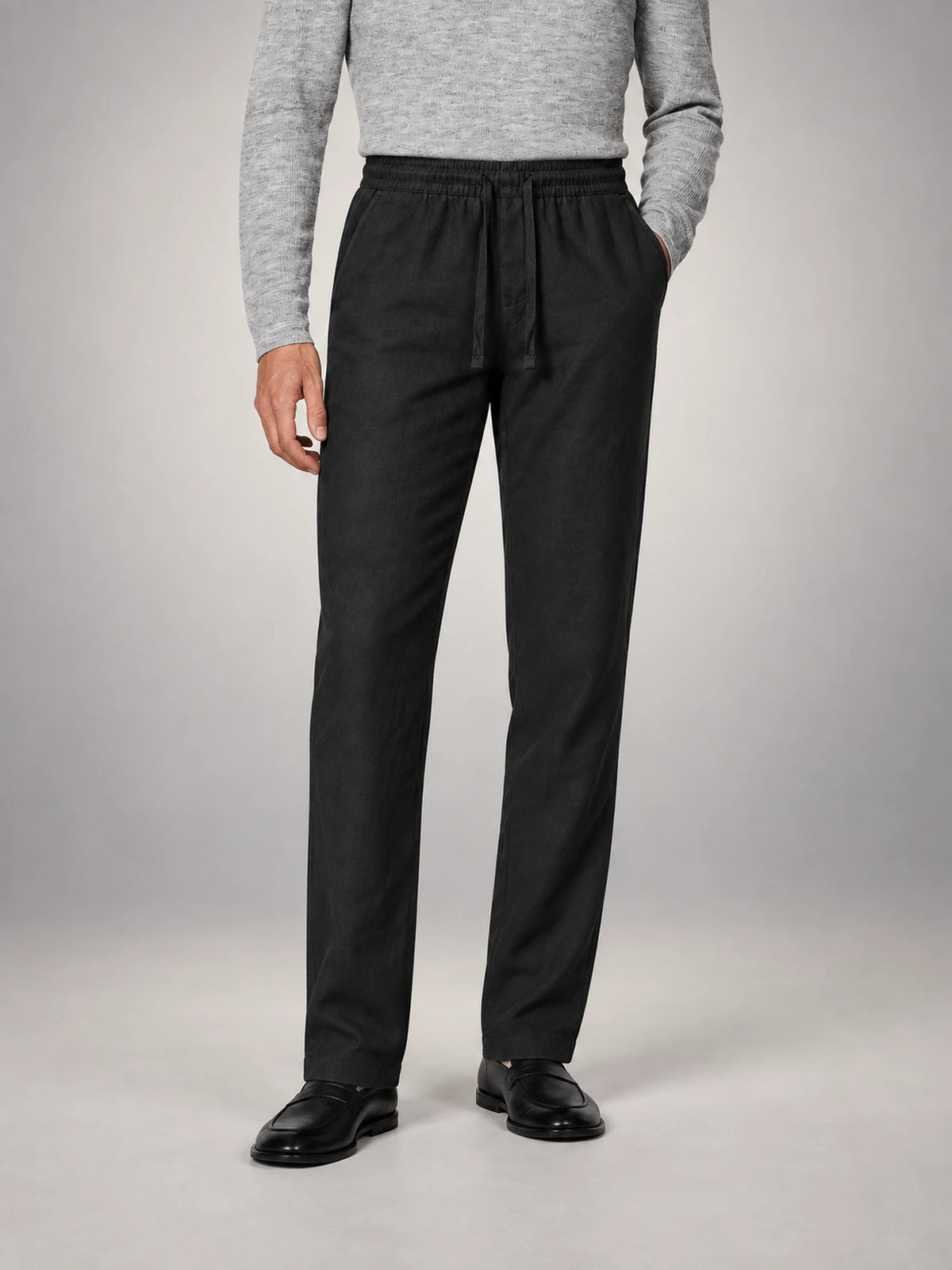 Volantero Men's Linen Casual Trousers in Black, front view